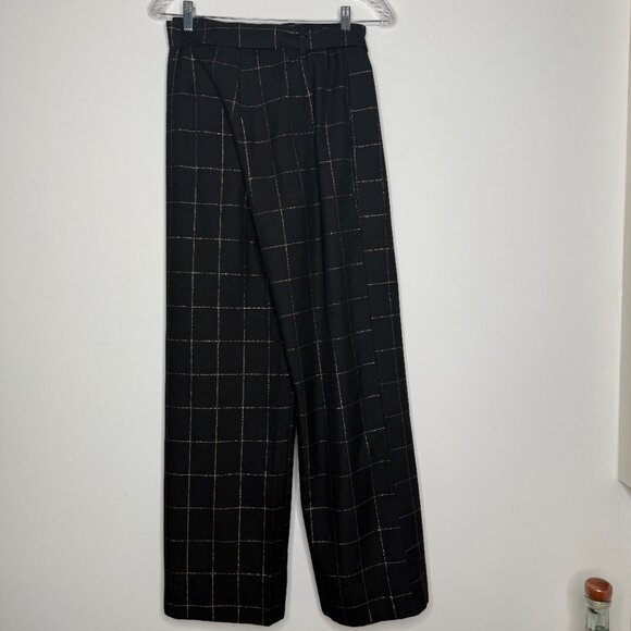 Lucy Paris | Black High Waisted Wide Leg Trousers with Gold Plaid - S - Picture 2 of 6